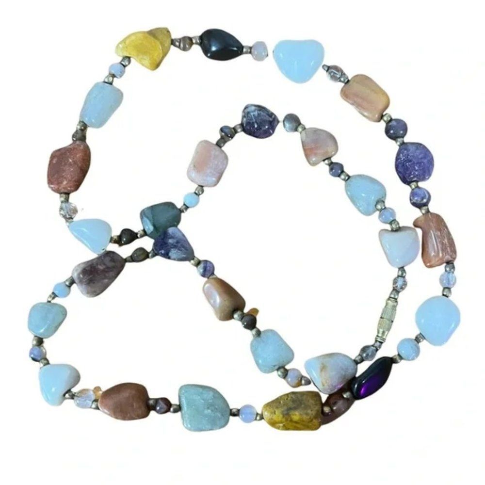 Colorful Stone Layering Necklace With Beads Between Stones Mystery Closure Clasp - Picture 6 of 13